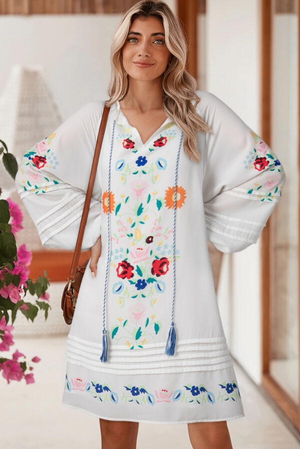 White Floral Print Boho Tassel Tie Split Neck Tucking Detail Puff Sleeve Mini Dress - Image 3