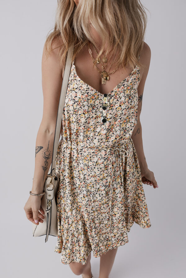 Khaki Boho Floral Printed Tie Waist Flared Sundress - Image 3
