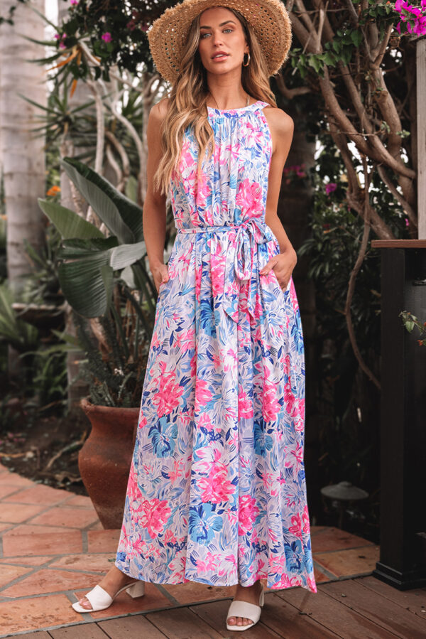 Sky Blue Floral Printed Sleeveless O Neck Knot Waist Maxi Dress