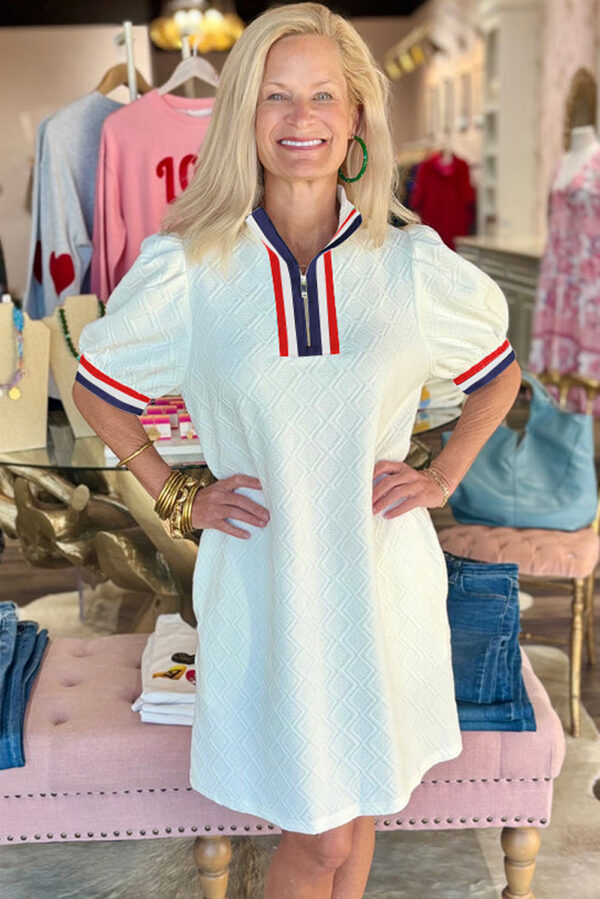 White Textured Jacquard Colorblock Edge Puff Sleeve Quarter Zip Mini Dress - Image 2