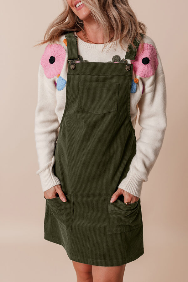 Black Solid Front Pockets Sleeveless Corduroy Overall Dress - Image 9