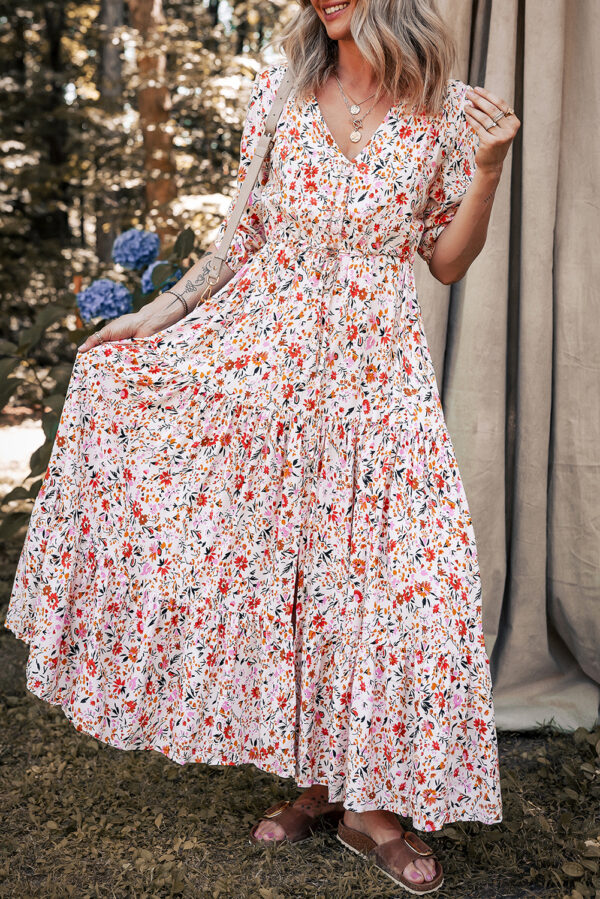 Red Boho Half Sleeve Floral V Neck Maxi Dress - Image 2