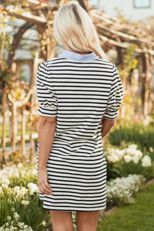 Black Stripe Contrast V Neck Collared Puff Sleeve T Shirt Mini Dress with Pockets