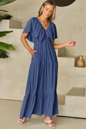 Navy Blue Textured V Neck Flutter Sleeve Ruffled Maxi Dress