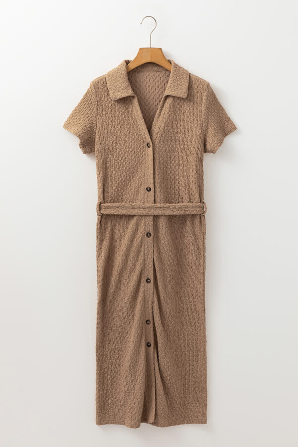 Buckskin Short Sleeve Textured Button Up Tie Waist Long Dress - Image 3