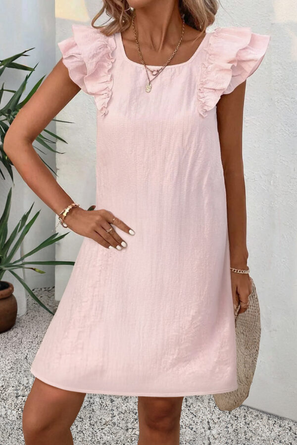 Light Pink Textured Flutter Sleeve Square Neck Bow Back Mini Dress - Image 2