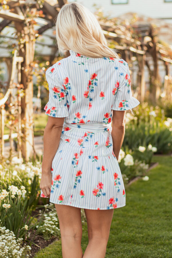 Sky Blue Stripe Floral Pattern Ruffle Short Sleeve Belted Mini Dress - Image 2