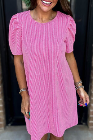 Mint Green Corded Knit Crew Neck Puff Sleeve Shift Mini Dress