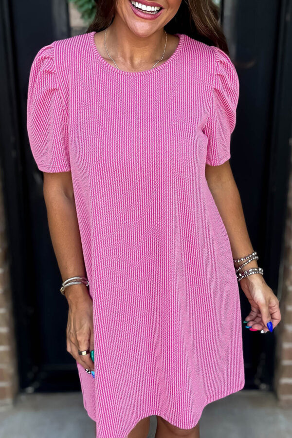 Mint Green Corded Knit Crew Neck Puff Sleeve Shift Mini Dress - Image 4