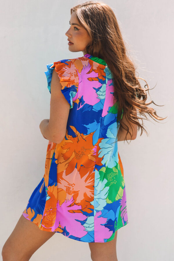 Blue Bold Floral Flutter Sleeve Shift Mini Dress with Pockets - Image 2