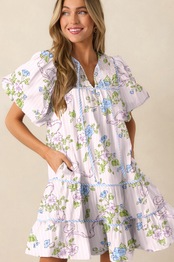 Pink Floral Striped Print Contrast Trim Tie Split Neck Mini Dress - Image 3