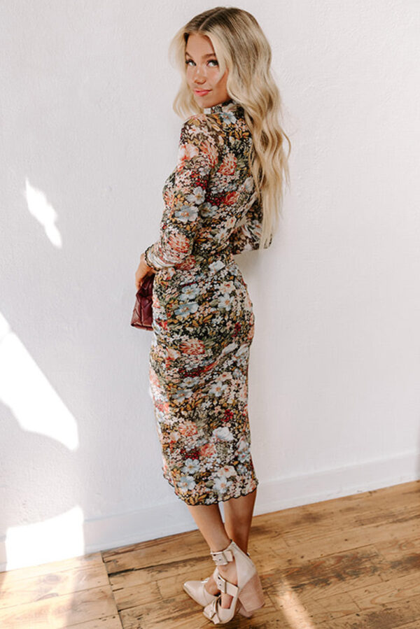 Brown Floral Allover Print Mock Neck Bodycon Long Sleeve Midi Dress - Image 3