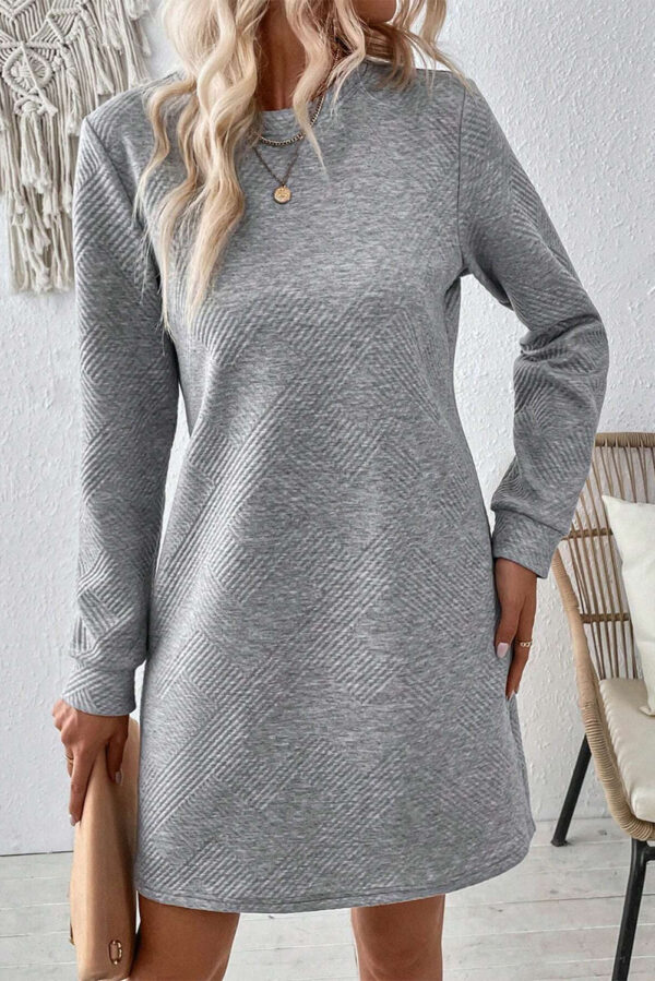 Gray Solid Color Textured Long Sleeve Shift Dress - Image 3