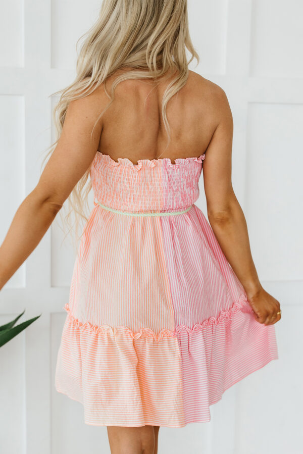 Pink Stripe Color Block Smocked Button Front Frilled Strapless Mini Dress - Image 2