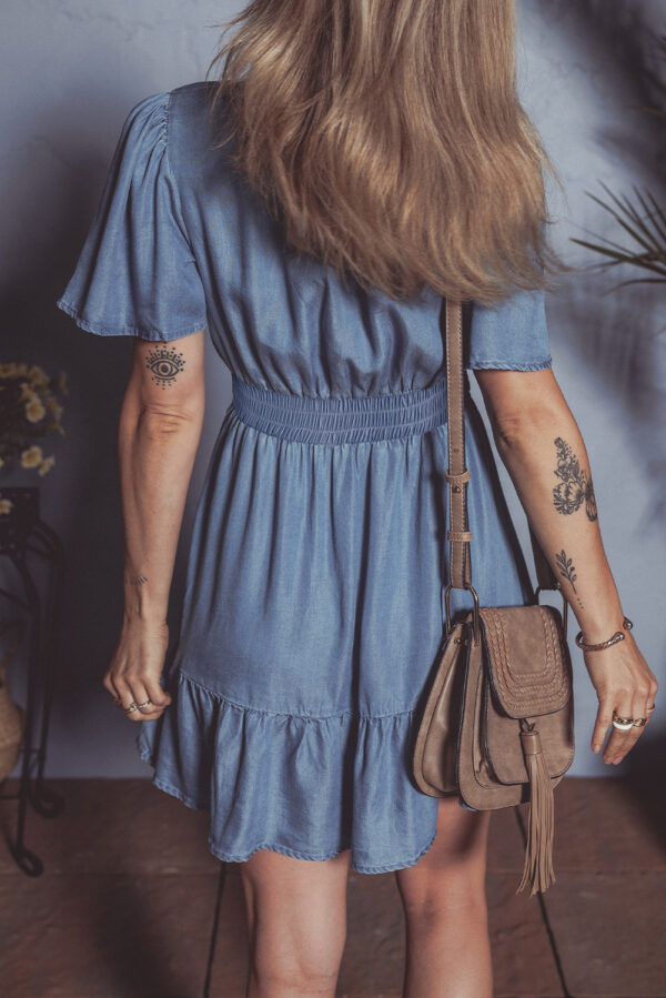 Ashleigh Blue Ruffled V Neck Smocked High Waist Denim Mini Dress - Image 2
