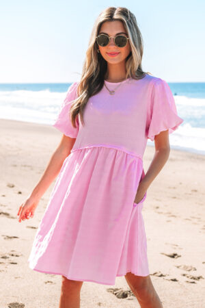 Bonbon Textured Bubble Sleeve High Waist Mini Dress