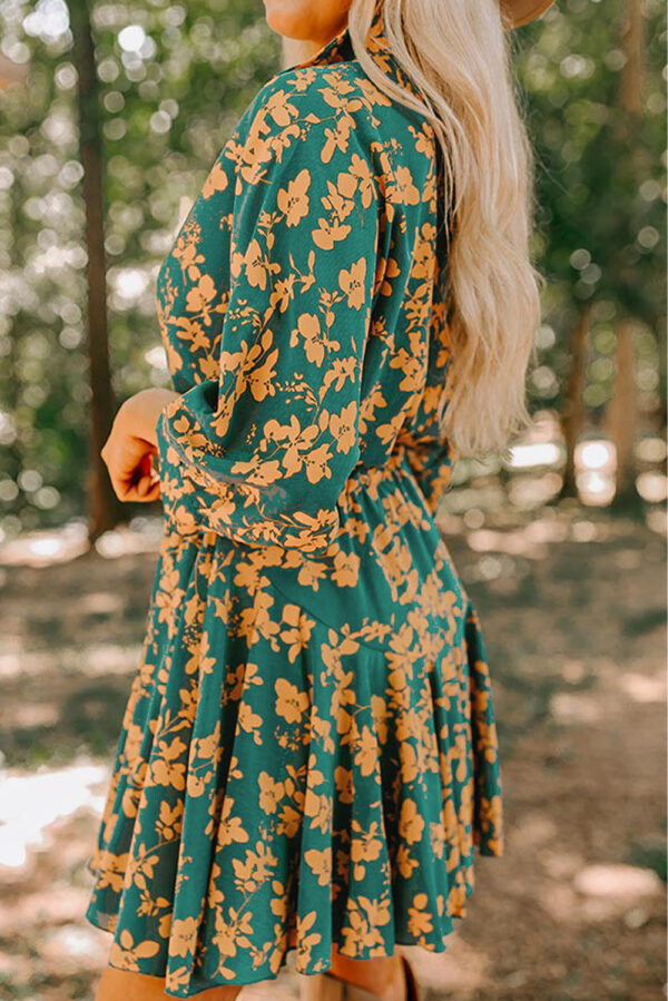 Green Floral Print Drawstring Tunic Flowy Short Dress - Image 3