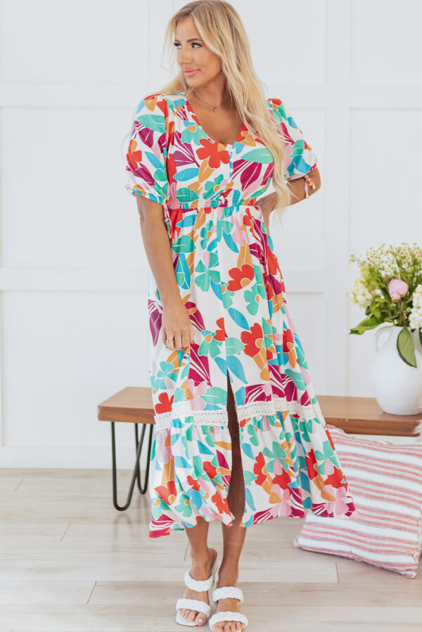 Rose Red Floral Knot Puff Sleeve V Neck Buttoned Front Split Lace Maxi Dress - Image 3