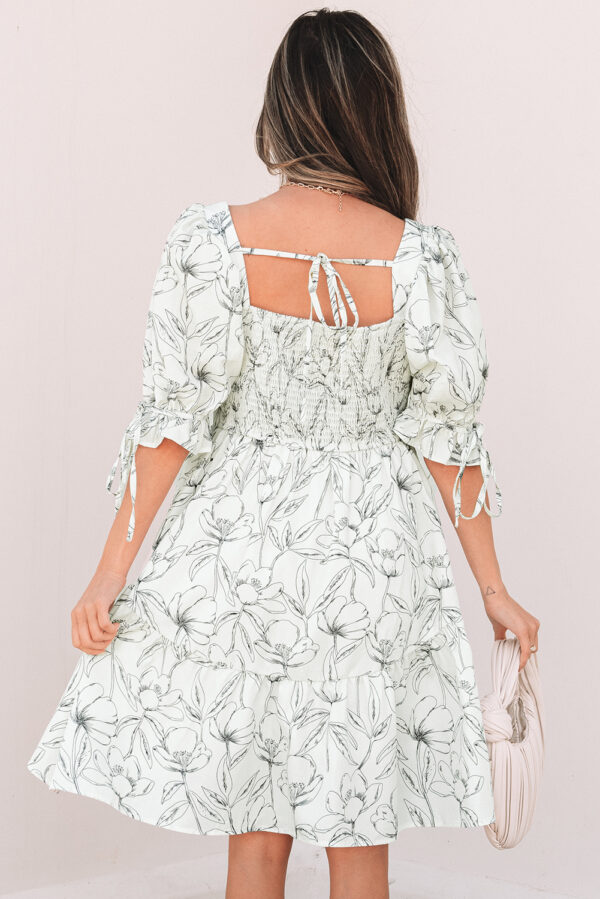 Beige Floral Print Square Neck Shirred Back Puff Sleeve Mini Dress - Image 2