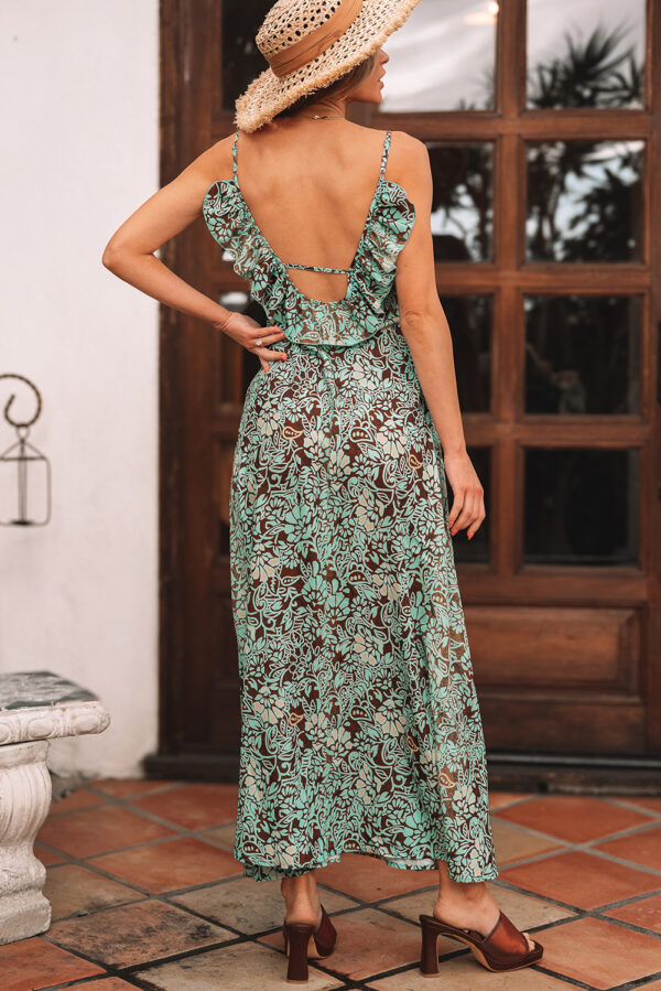 Green Floral Print V Neck Ruffled Trim Backless Tassel Waist Maxi Dress - Image 2