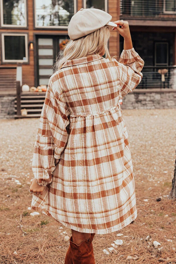 Brown Plaid Print Side Pockets Frilled Babydoll Mini Dress - Image 2