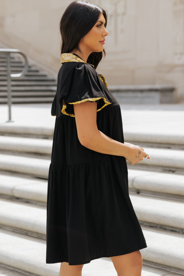 Black Sequin Trim Bubble Sleeve Game Day Shirt Dress - Image 3