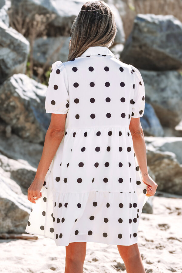 White Polka Dot Print Short Sleeve Collar Buttoned Tiered Babydoll Dress - Image 2
