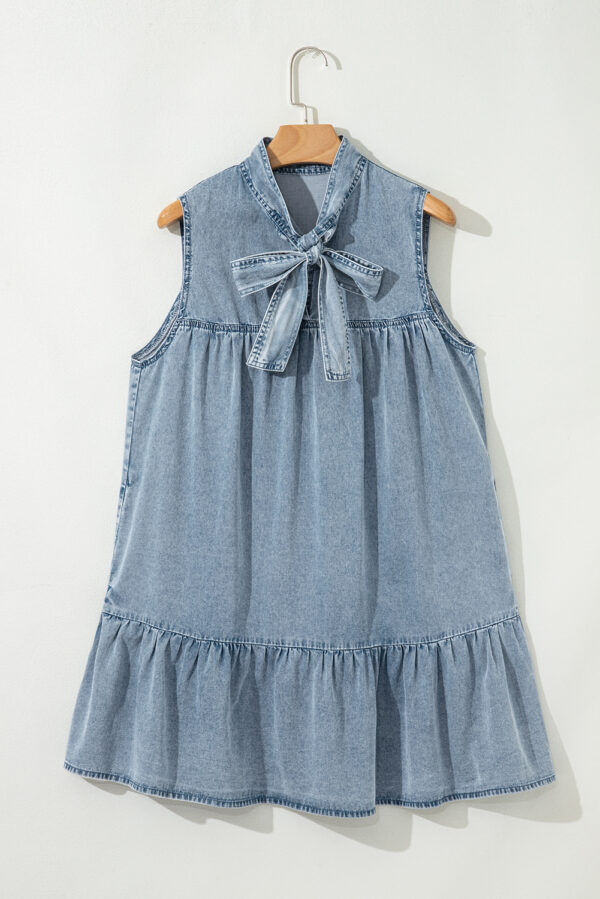 Beau Blue Bowknot Neck Sleeveless Ruffled Chambray Dress - Image 5