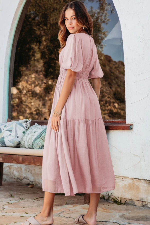 Pink Puff Sleeve Pleated High Waist Flowy Midi Dress - Image 2