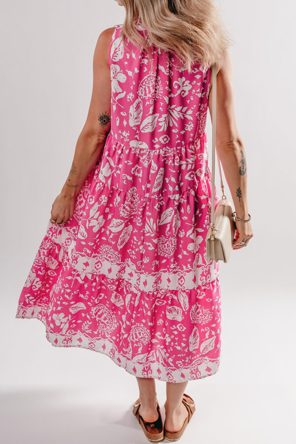 Rose Floral Sleeveless Tasseled Lace-up Neck Tiered Midi Dress - Image 2