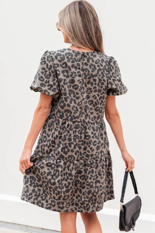 Brown Denim Leopard Printed Short Puff Sleeve Mini Dress - Image 2