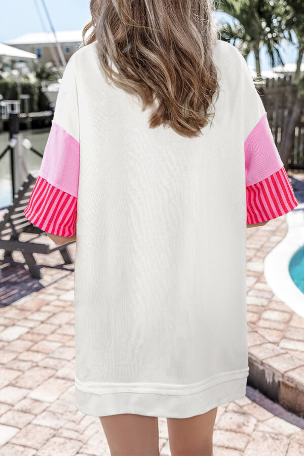 White Stripe Colorblock Patchwork Short Sleeve T Shirt Dress - Image 2