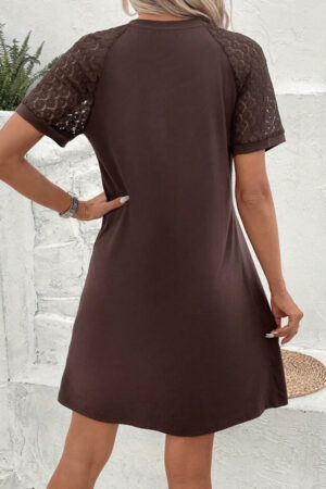 Light French Beige Contrast Lace Raglan Sleeve Pleated Detail Shift Dress