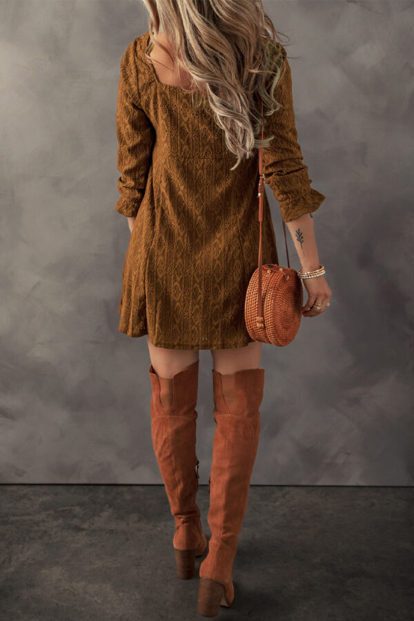 Chestnut Lace Crochet Buttoned Square Neck Shift Mini Dress - Image 2