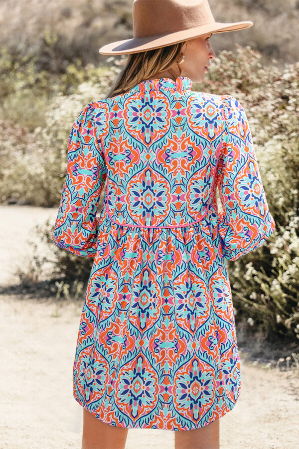 Khaki Abstract Printed Long Sleeve Tied Neckline Mini Dress - Image 5