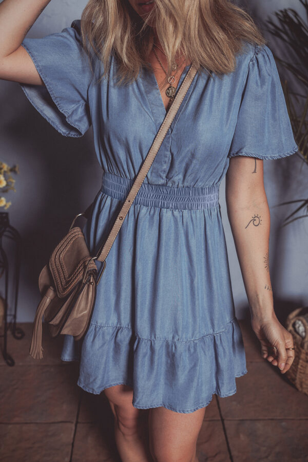 Ashleigh Blue Ruffled V Neck Smocked High Waist Denim Mini Dress - Image 3