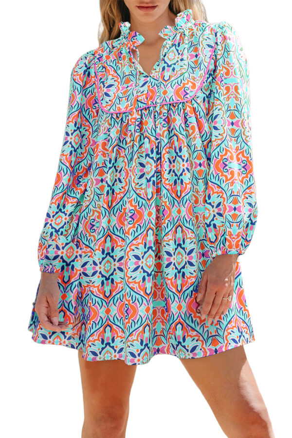 Khaki Abstract Printed Long Sleeve Tied Neckline Mini Dress - Image 6