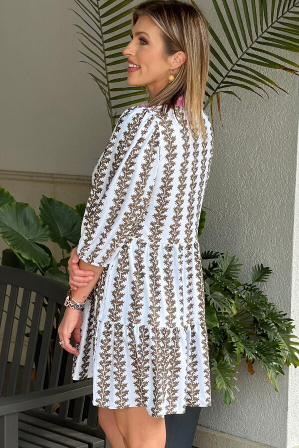Black Contrast Floral V Neck Printed Bracelet Sleeve Dress - Image 3