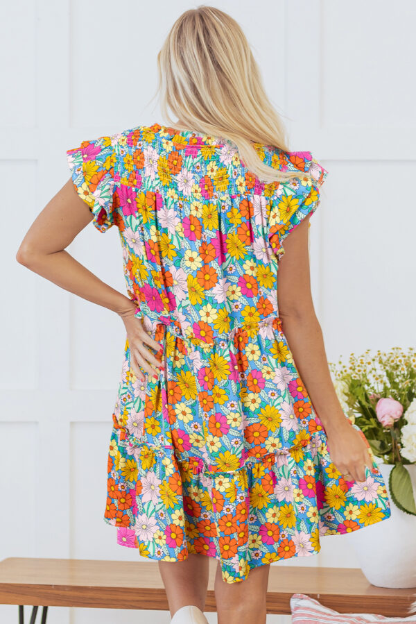 Sky Blue Floral Print Smocked Notch V Neck Flutter Sleeve Mini Dress - Image 2