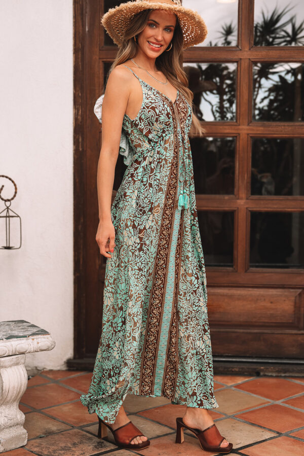 Green Floral Print V Neck Ruffled Trim Backless Tassel Waist Maxi Dress - Image 3