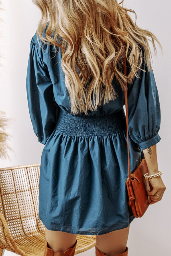 Prussian Blue 3/4 Sleeve Shirred High Waist Buttoned Mini Dress - Image 2