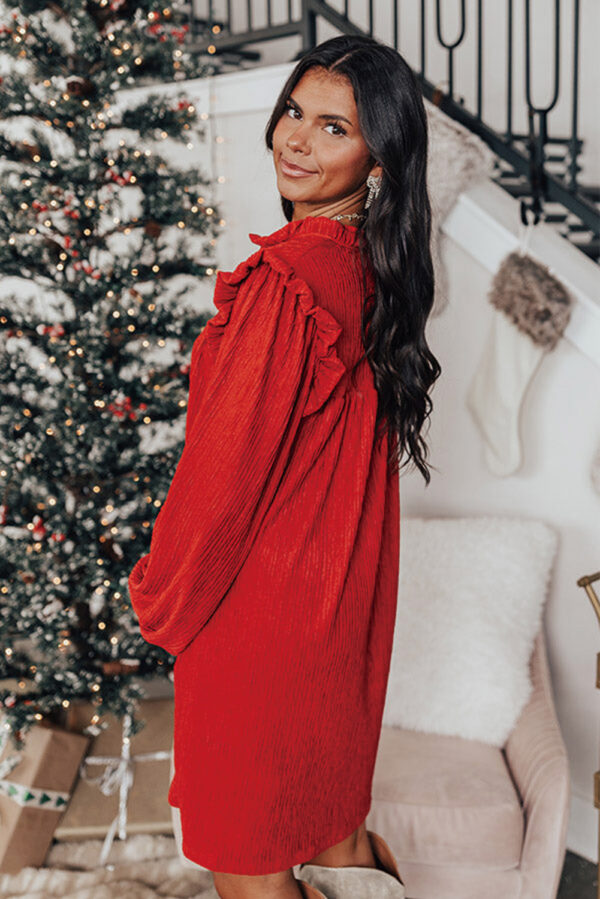 Fiery Red Textured Ruffled Trim V Neck Loose Fit Mini Dress - Image 3
