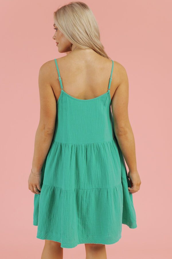 Sea Green Textured Buttoned Thin Strap Tiered Loose Fit Mini Dress - Image 2