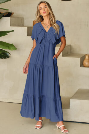 Navy Blue Textured V Neck Flutter Sleeve Ruffled Maxi Dress