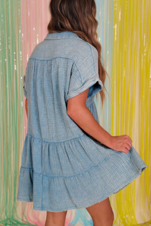 Strawberry Pink Mineral Wash Crinkle Split Neck Raw Hem Tiered Dress