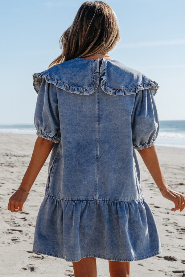 Dusk Blue Ruffled Collared Side Pockets Puff Sleeve Denim Mini Dress - Image 2