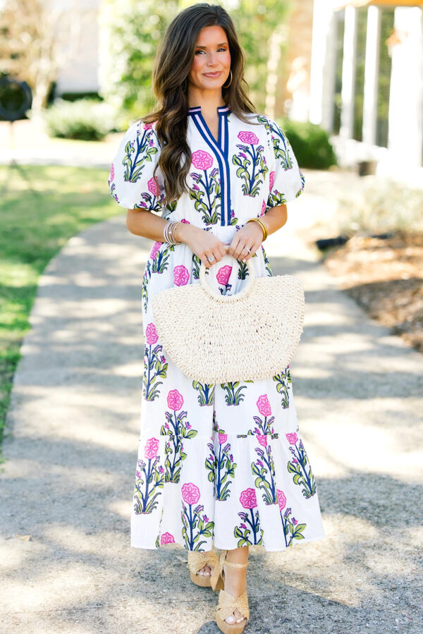 White Floral Puff Short Sleeve V Neck High Waist Maxi Dress - Image 3