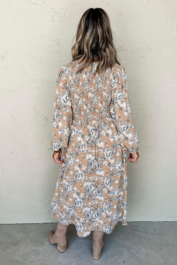 Khaki Maple Grove Floral Smocked Puff Sleeve Long Dress - Image 2