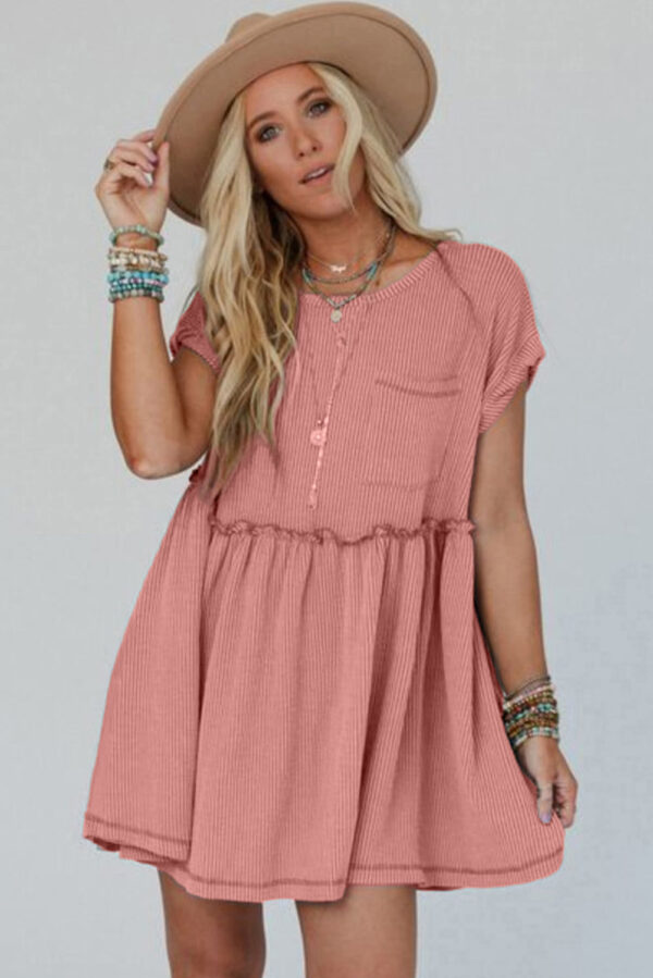 Dusty Pink Corded Knit Textured Patched Pocket Frilled Swing Mini Dress with Pockets - Image 3