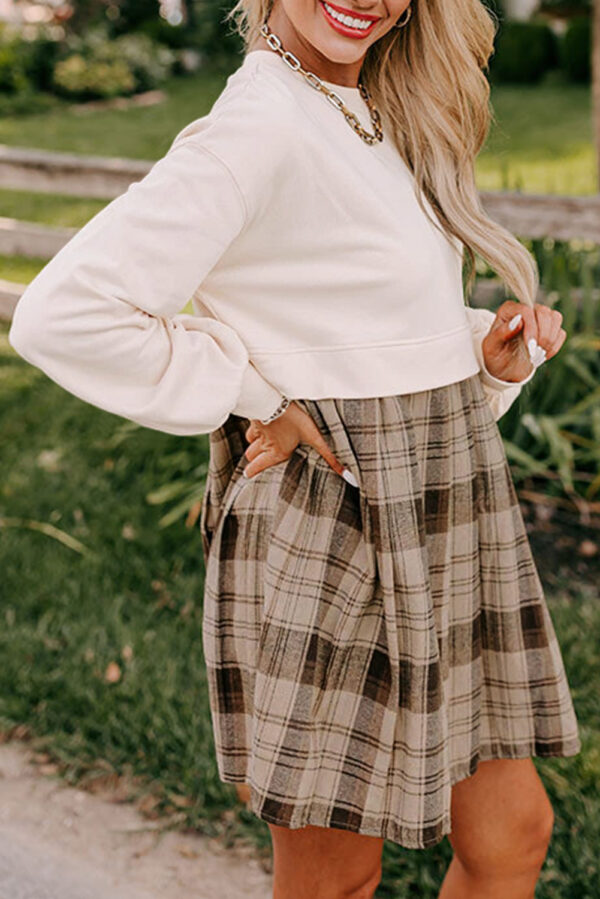 Beige Plaid Patchwork High Waist Sweatshirt Mini Dress - Image 3